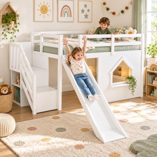 Twin Loft Bed with Slide for Kids, LED Lights & Storage, White