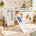 Twin Loft Bed with Slide for Kids, LED Lights & Storage, White