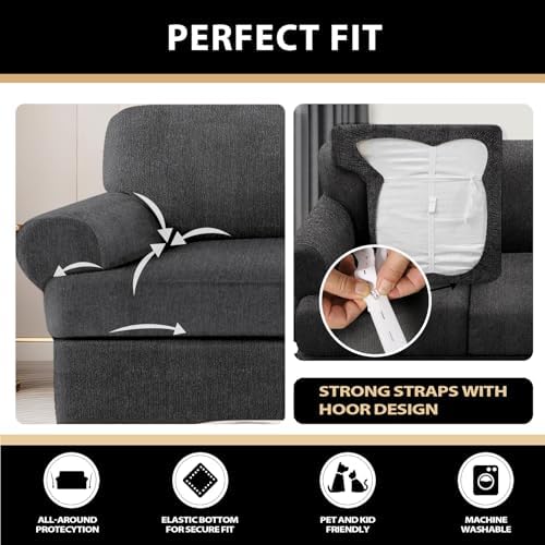 3 Pieces Sofa Covers fot T Cushion Loveseat Slipcover, Sofa Stretch Slip Covers for 2 Cushion Couch with 2 Individual T Shape Seat Covers (Dark Gray, 2 Cushion)