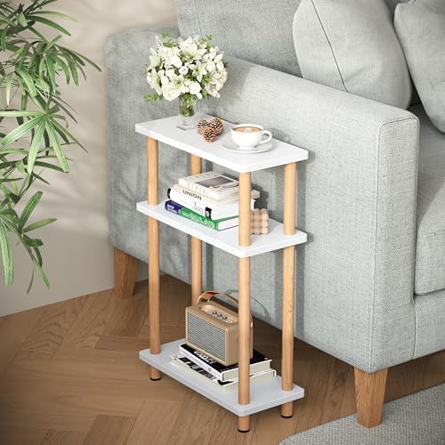 Apicizon Small Narrow Side Table, 3-Tier End Table, White Natural