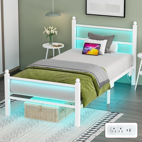 Twin Bed Frames with Headboard and Footboard,White Metal Platform Bed Frame with RGB LED Lights and USB Charging Station,Under Bed Storage,No Box Spring Needed,Suitable for Bedrooms