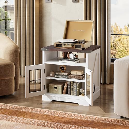 WLIVE Farmhouse End Table with Charging Station & LED Light for Living Room