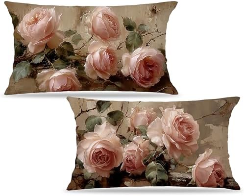 Vintage Pink Rose Floral Small Decorative Lumbar 12x20 Pillow Covers Decor,Pink Flower Rustic Cottagecore Decorative Throw Pillow Cover for Home Bedroom Room Decor Double-Sided Set of 2