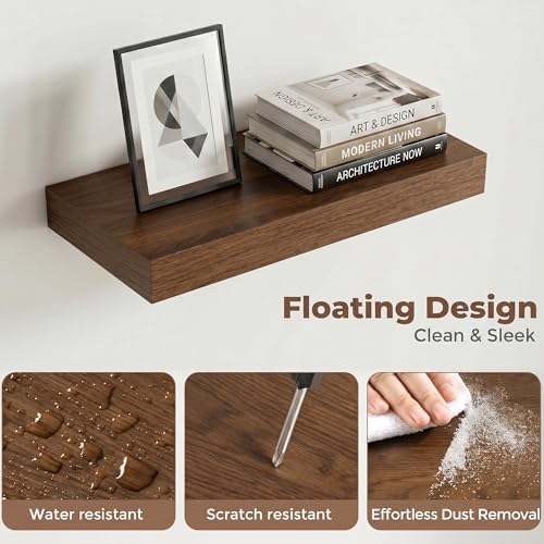 16 Inch Floating Shelves for Wall, 8"D Wood Storage Shelves, Walnut Finish