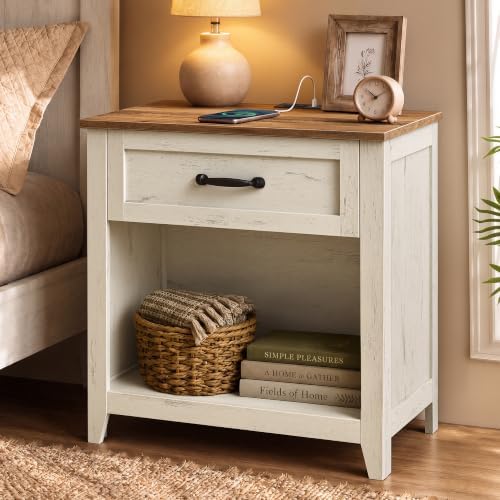 VASAGLE Farmhouse Nightstand with Charging Station, Drawer and Open Shelf
