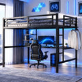 Full Size Loft Bed with Desk, USB Charging Station, LED Light and 2 Storage Shelves, Metal Heavy Duty Full Loft Bed for Adults, Teens, No Box Spring Needed, Black