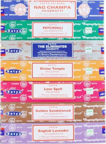 Satya Incense Sticks Gift Set, 7, Scents Nag Champa, Patchouli, The Eliminater, Divine Temple, Love Spell, Golden Sandalwood, English Lavender, 15 g Each (Oriental Mix)