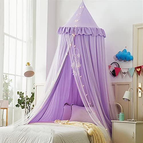 VETHIN Bed Canopy Double Layer Princess Round Dome Dreamy Mosquito Net Bedding Girls Room Castle Play Tent Hanging House Decor Reading Nook Canopies(Purple/White)