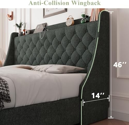 Feonase Queen Bed Frame with 4 Storage Drawers, Upholstered Storage Bed with Charging Station, Tufted Wingback Headboard, No Box Spring Needed, Dark Grey