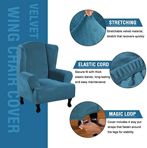 H.VERSAILTEX Wingback Chair Covers Velvet Plush Wing Chair Slipcover 1 Piece High Stretch Wing Back Chair Slipcovers Sofa Cover Furniture Cover with Elastic Bottom, Peacock Blue