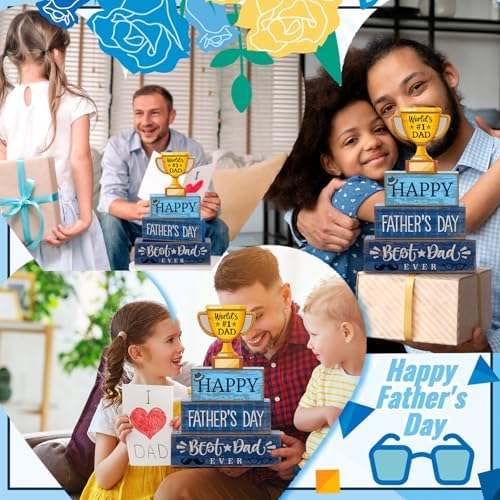 Yuntau 4 Pcs Father's Day Wood Blocks, Dad Trophy Tiered Tray Decor