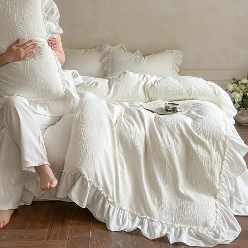 AOJIM Beige Wavy Jacquard Duvet Cover Set Twin Size Shabby Chic Ruffled Bedding Set 3-Piece, Soft Microfiber Zipper Comforter Cover and 2 Pillowcases Aesthetic French Bedding Duvet Cover for Girls