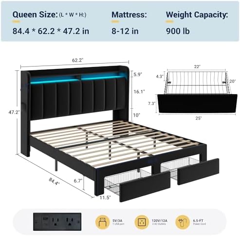 Allewie Queen Bed Frame with 2-Tier Storage Headboard & 2 Large Drawers
