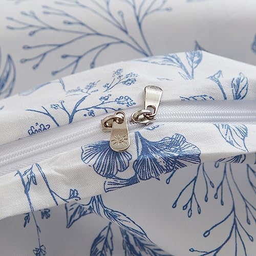 Duvet Cover Full 3 PCS Blue Floral Bedding Set Botanical Printed on White Duvet Cover Soft Cotton Comforter Cover with Zipper Closure 4 Ties for Teen Girls-80x90 Inch