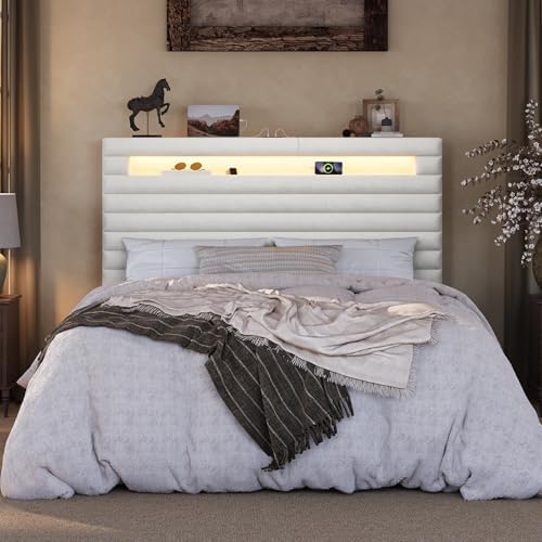 SHA CERLIN Full Bed Frame with LED Light & 2-Tier Storage Shelf, White