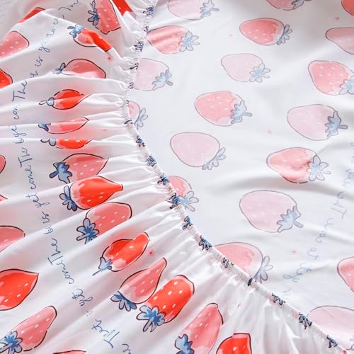 Bedding Fitted Sheet with Deep Pocket,Cute Fruit Printed Fabric Bed Sheets (Pink Strawberry, Twin)
