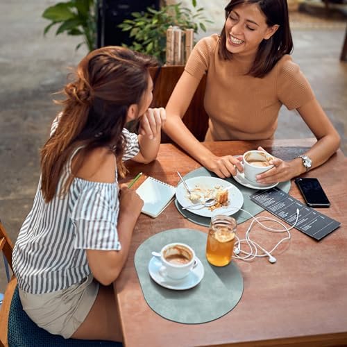 ADRIMER Oval Placemats Set of 6, Wipeable Faux Leather, Light Blue