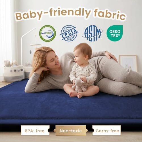 ACOMOPACK Baby Play Mat for Floor 1.3" Thick Memory Foam Play Mat 59"×71" Tummy Time Crawling with Non-slip Bottom for Living Room,Nursery,Soft Velvet Playpen Mats for Kids,Infants（Royal Blue）