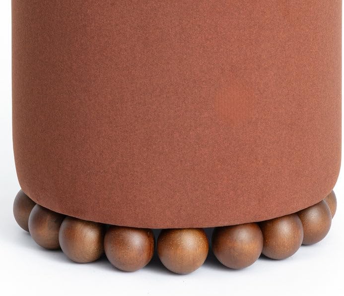 First of a Kind Bronze Performance Vegan Mohair Ottoman, Plush Upholstered Accent Stool and Footrest with Foam-Padded Top and Solid Wood Orb Legs