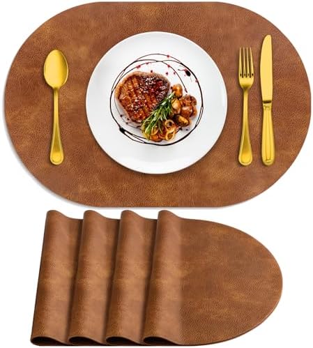 ADRIMER Oval Placemats Set of 4, Wipeable Faux Leather, Turmeric Brown
