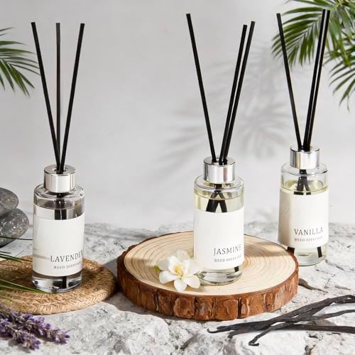 Reed Diffuser Set, Jasmine, Lavender & Vanilla, Oil Diffusers with 15 Reeds