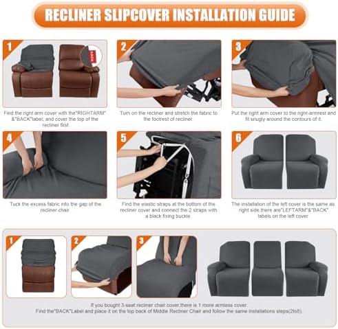 VANSOFY Stretch Recliner Couch Cover, Slipcover, Charcoal Gray, 3 Seater