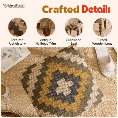 Handmade Jute Upholstered Ottoman Stool | Square Foot Rest with Wooden Legs | Decorative Accent Seating for Bedroom, Living Room, Entryway, Vanity & Hallway (Beige-Pista Green)