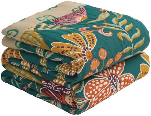 Green Floral Cotton Throw Blanket for Bed Couch Travel 60''x80''