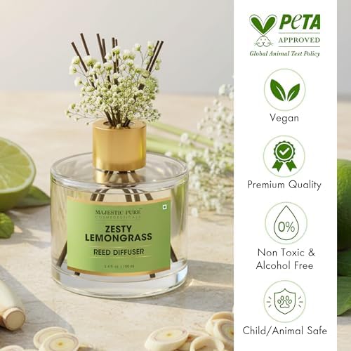 Majestic Pure Lemongrass Reed Diffuser for Home, Bathroom & Office | Natural Aromatherapy Air Freshener & Room Fragrance, with Reed Sticks & Dried Flowers 3.4 fl oz