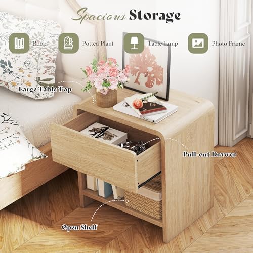 AMERLIFE Nightstands Set of 2 with Storage Drawer & Shelves, Oak