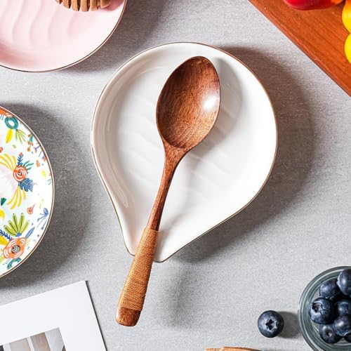 Ceramic Spoon Rest for Stove Top, 5 inch Gold Trim Spoon Holder for Kitchen Counter, Farmhouse Cooking Utensil Holder for Spoons, Ladles, Spatula, Glazed White