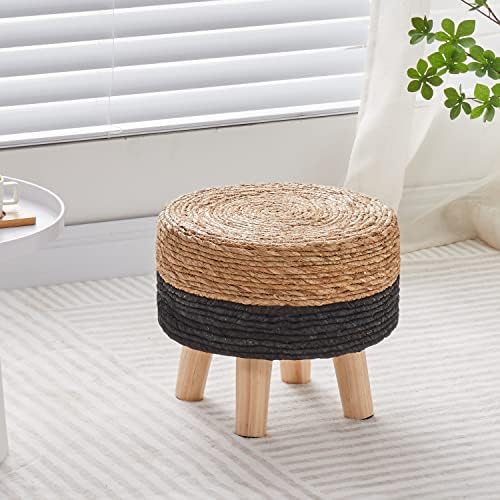 Cpintltr Ottoman Natural Seagrass Footrest Poufs Hand Weave Round Foot Stool for Couch Desk Soft Step Stool Padded Foot Rest with Pine Legs for Living Room Bedroom Natural/Black