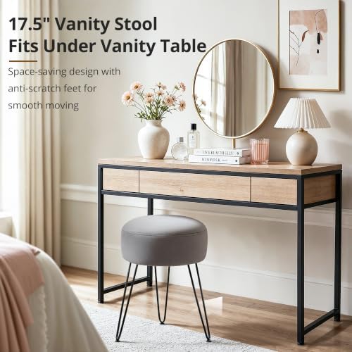 LUE BONA Vanity Stool, Gray Vanity Stools for Makeup Room, Round Ottoman Foot Stool, Velvet Footrest Vanity Chair for Bathroom Vanity, Bedroom, Living Room, Entryway, Offices, 300lbs