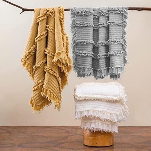 Ultra Soft Pre-Washed Warm Quilted Throw Blanket, Ruffle Fringed Cream Boho Decorative Throw, Stone Washed Chic Rustic Blanket for Sofa Couch Bed Chair, 50"x 60"