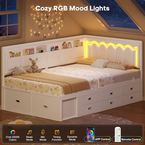 ADORNEVE Twin Corner Bed Frame with 8 Storage Drawers and LED Lights,White