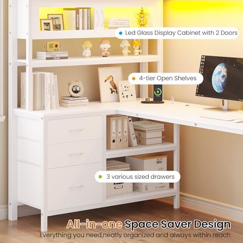 DICTAC Twin Loft Bed with L-Shaped Desk,Bookshelf and Glass Cabinet,Gaming Loft Bed Twin Size with Led Lights,Hutch and Charging Station,Metal Loft Beds for Teen with Safety Guardrail and Stair,White