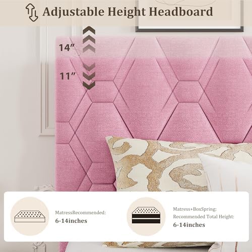 King Bed Frame with Adjustable Headboard, Upholstered Bed Frame, Pink