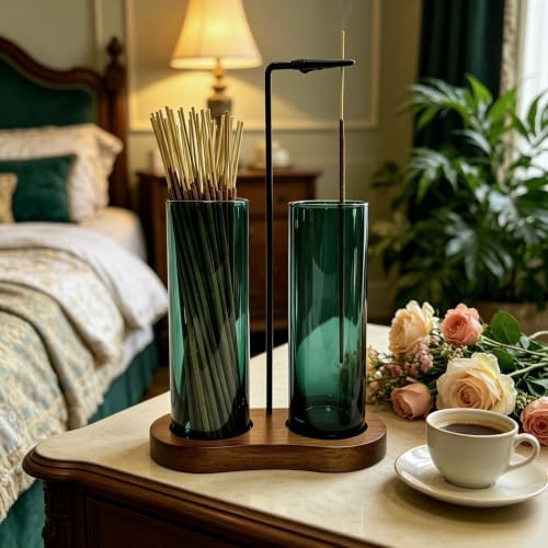 Emerald Green Incense Holder, Incense Sticks Burner Holder with Storage,Hang Upside Down Incense Holder for Sticks with Glass Ash Catcher for Room Decor (Dark Emerald)