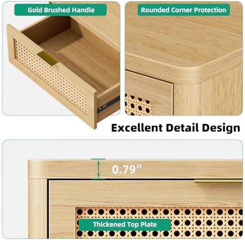 Kalrin 23" W Rattan Nightstand with 3 Drawers for Bedroom, Natural Oak