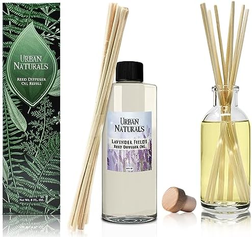 Urban Naturals Reed Diffuser Oil Refill Lavender Fields with Geranium, Clary Sage, Soft Florals 8 oz + Free Reed Sticks, Made in the USA