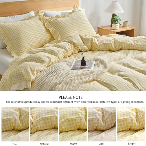 Gingham Duvet Cover Queen Size, 3 Pieces Soft Breathable Microfiber Plaid Duvet Cover with Zipper Closure & 2 Pillow Shams, Ruffle Farmhouse Vintage Decor, Yellow