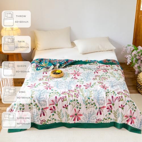 Boho Botanical Throw Blanket for Bed Sofa Decor 60"x80" White/Teal