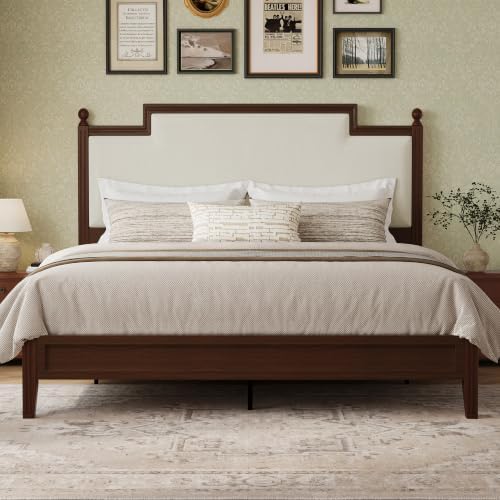 Queen Size Bed Frame with 50.2" Tall Upholstered Headboard, Walnut