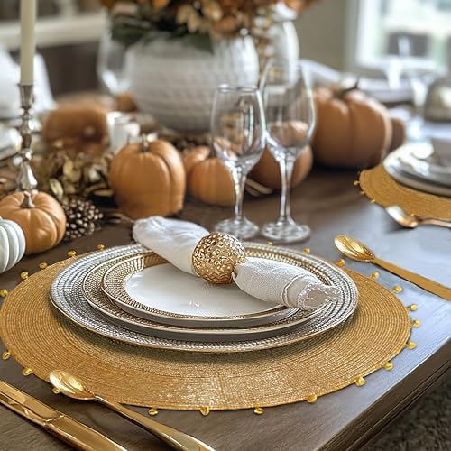 COTTON CRAFT Glitz Handmade Beaded Charger Placemats- Set of 4 - Gold Bells