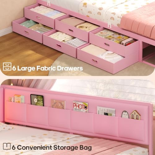 ADORNEVE Full Corner Bed Frame with 8 Storage Drawers and LED Lights, Pink