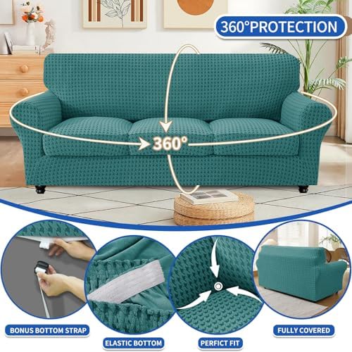 MAXIJIN 2 Pieces Stretch Chair Cover Armchair Covers for Living Room Thick Soft Chair Slipcovers with Arms Dogs Pet Single Sofa Couch Protector with Elastic Bottom (Peacock Blue, 31"-46")