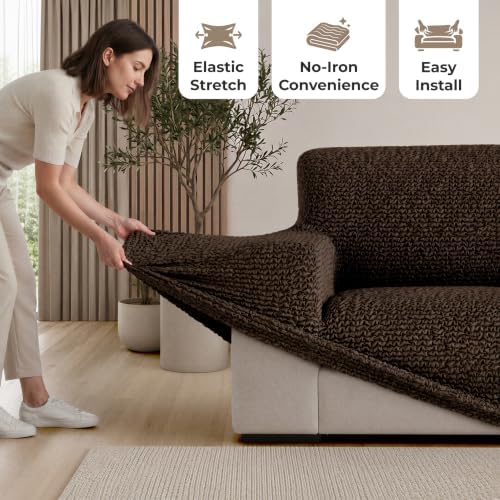 PAULATO Premium Stretch Couch Covers for Sofa - Sofa Chair Cover Washable, Dogs & Pets Friendly - Elastic Polyester Loveseat Slipcovers - Non-Slip Love Seat Couch Covers - Dark Brown (40"-63" Wide)