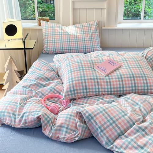 Vintage Plaid Duvet Cover Full Washed Cotton Check Bedding Set 3 Pieces