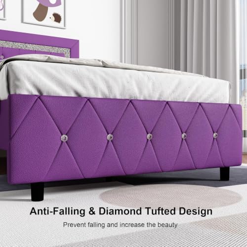 Twin Bed Frame,Faux Leather Upholstered Bed with Diamond Headboard