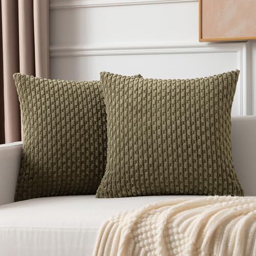 Kevin Textile Soft Corduroy 18x18 Inch Pillow Covers 2 Pack, Olive Green